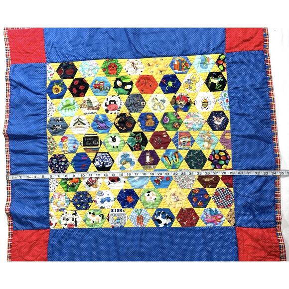 Handmade Kids Quilt 41x35” Hexagon Patchwork Bright Primary Colors - Picture 3 of 5
